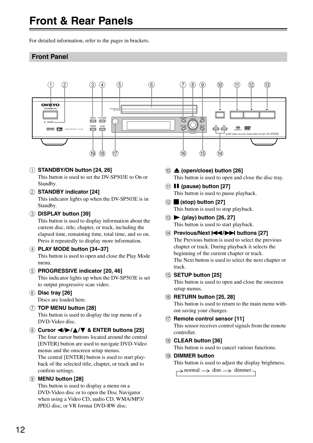 Onkyo DV-SP503E instruction manual Front & Rear Panels, Front Panel 