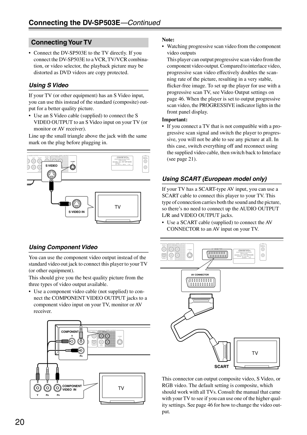 Onkyo DV-SP503E instruction manual Connecting Your TV, Using S Video, Using Scart European model only 