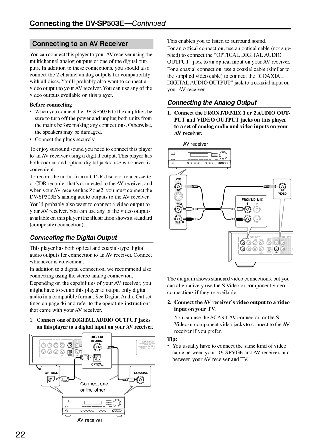 Onkyo DV-SP503E Connecting to an AV Receiver, Connecting the Digital Output, Connecting the Analog Output, Tip 