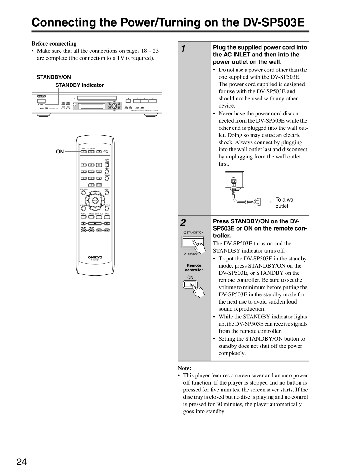 Onkyo Connecting the Power/Turning on the DV-SP503E, Plug the supplied power cord into, AC Inlet and then into 