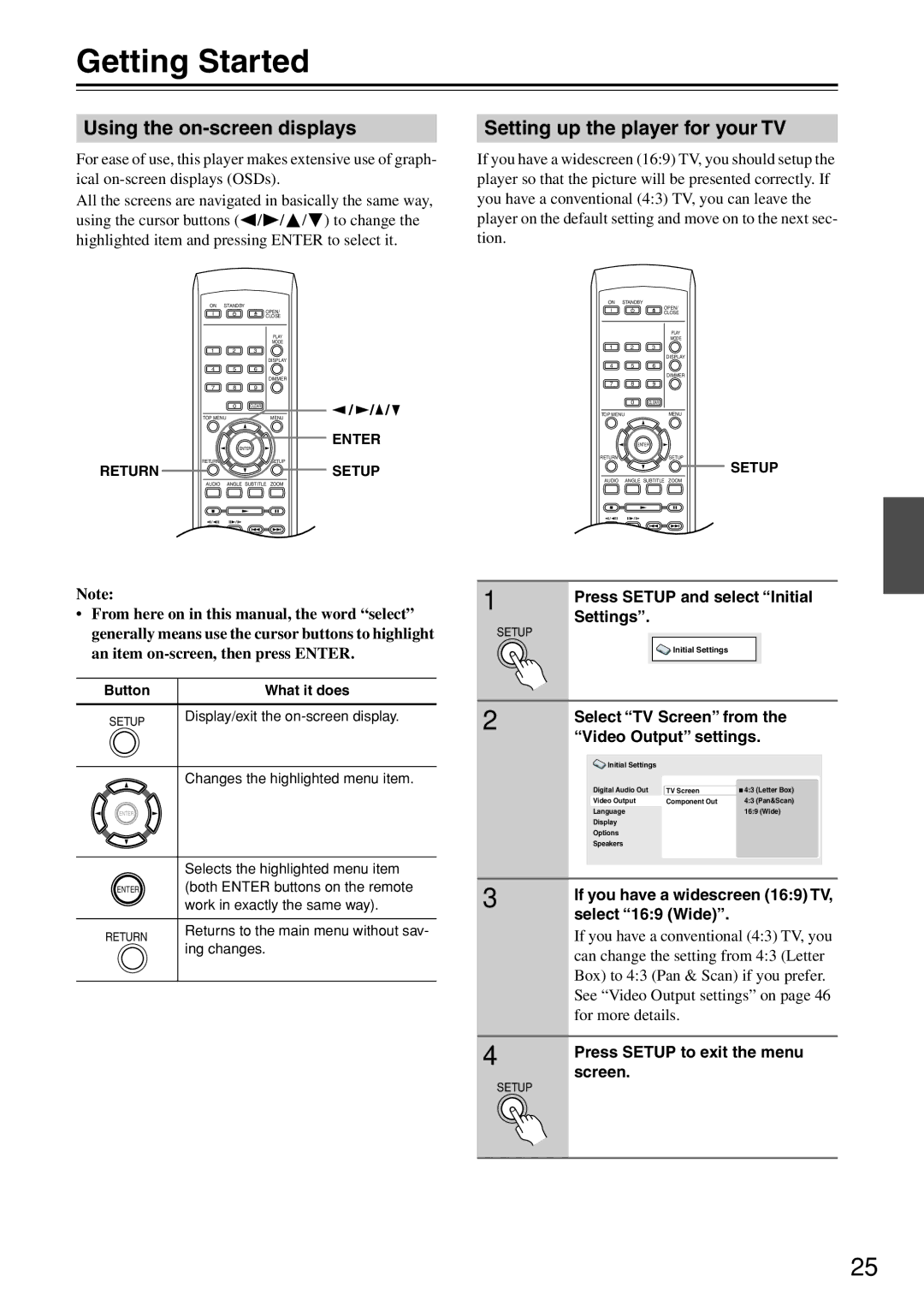 Onkyo DV-SP503E instruction manual Getting Started, Using the on-screen displays, Setting up the player for your TV 