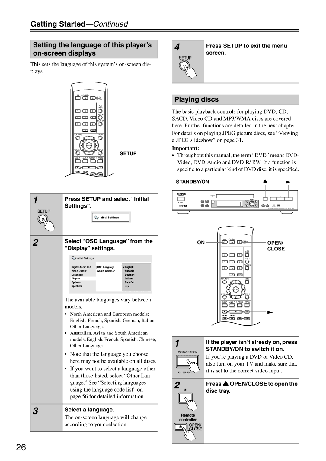 Onkyo DV-SP503E instruction manual Getting Started, Setting the language of this player’s on-screen displays, Playing discs 