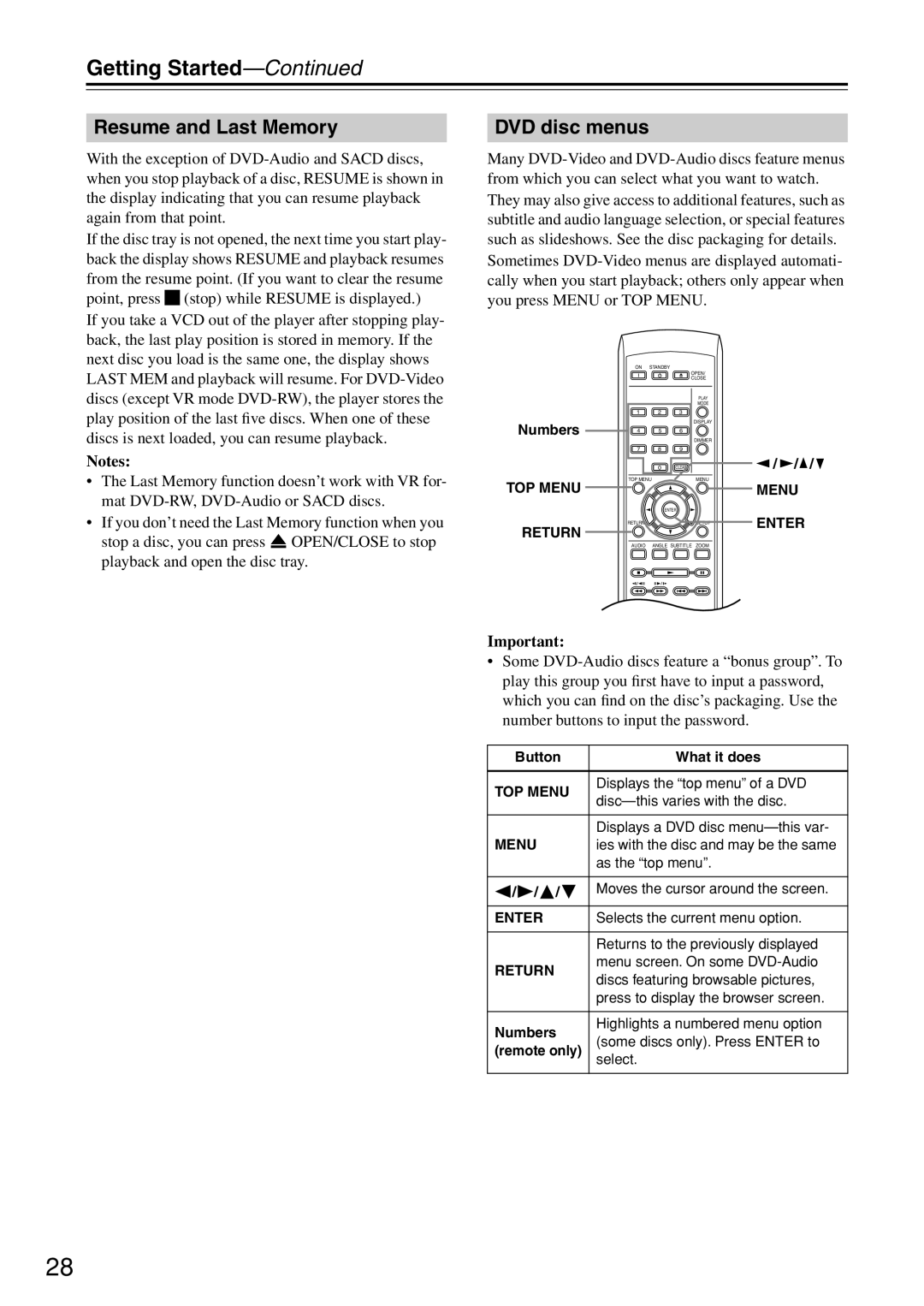 Onkyo DV-SP503E instruction manual Resume and Last Memory, DVD disc menus 