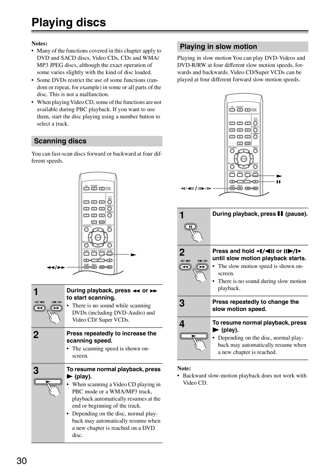 Onkyo DV-SP503E instruction manual Playing discs, Scanning discs, Playing in slow motion 