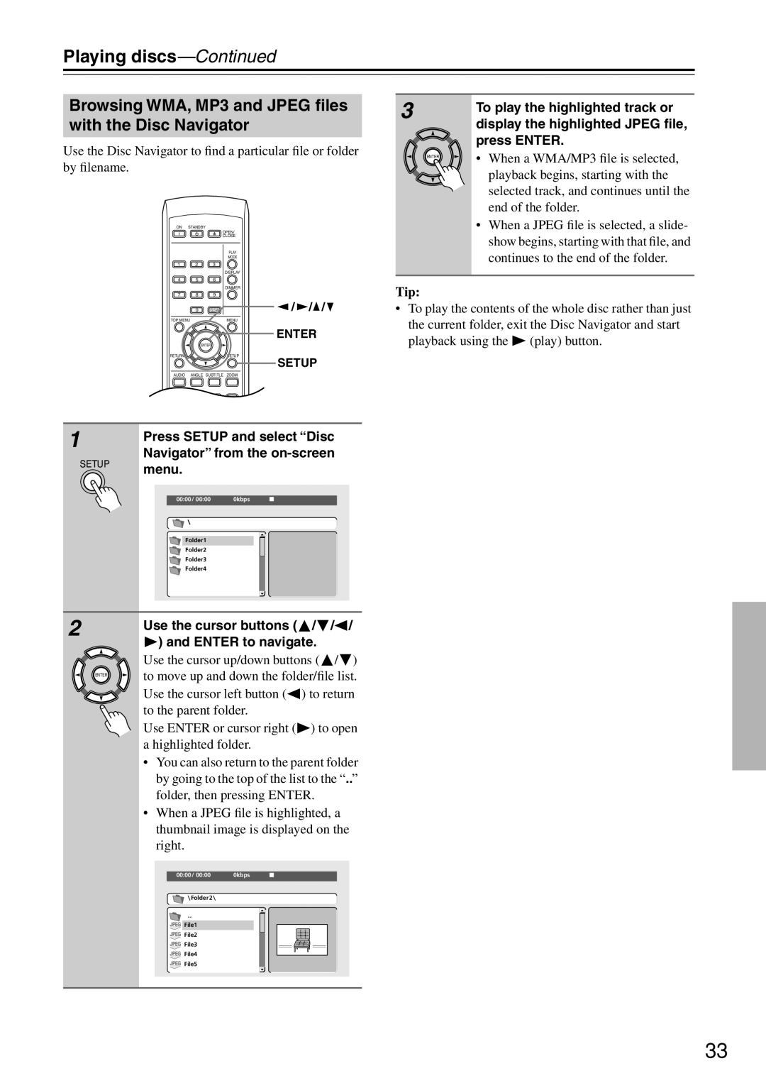 Onkyo DV-SP503E instruction manual Browsing WMA, MP3 and Jpeg ﬁles with the Disc Navigator 