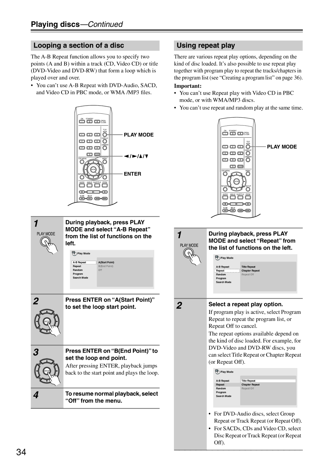 Onkyo DV-SP503E instruction manual Looping a section of a disc, Using repeat play 