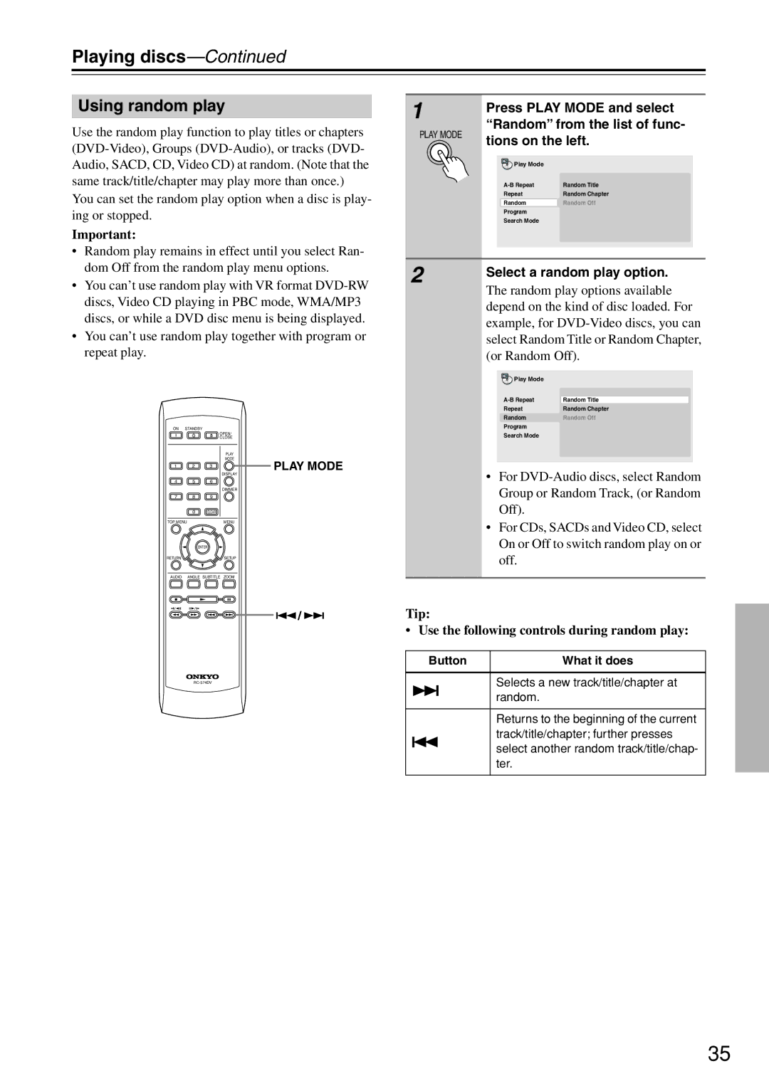 Onkyo DV-SP503E Using random play, Press Play Mode and select, Random from the list of func, Tions on the left 