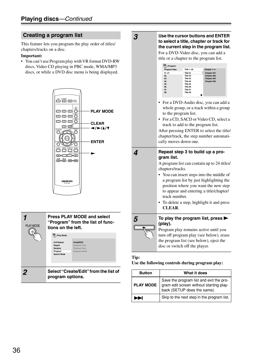 Onkyo DV-SP503E instruction manual Creating a program list 