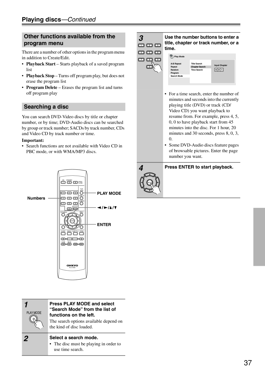 Onkyo DV-SP503E instruction manual Other functions available from the program menu, Searching a disc 