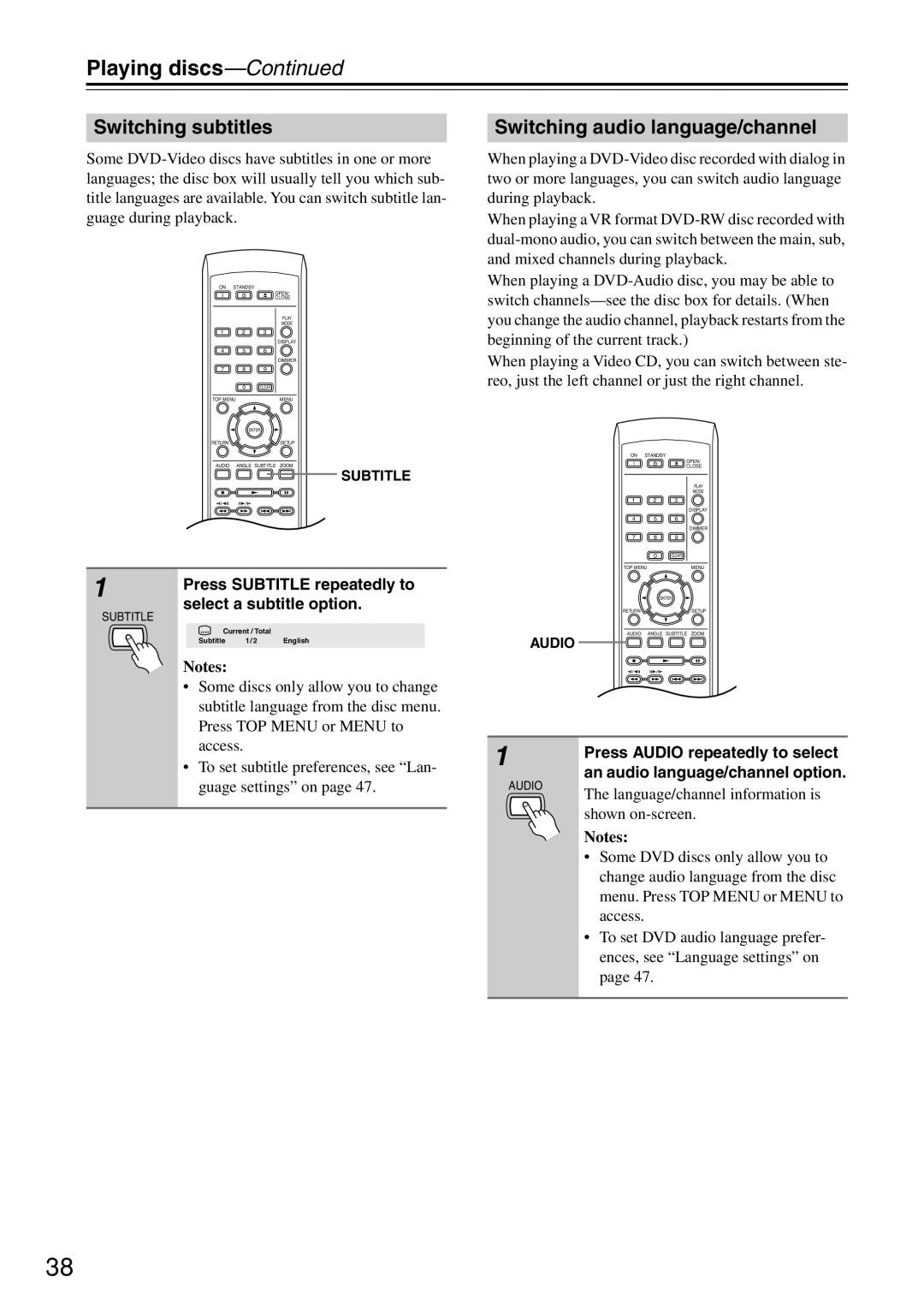 Onkyo DV-SP503E instruction manual Switching subtitles, Switching audio language/channel 