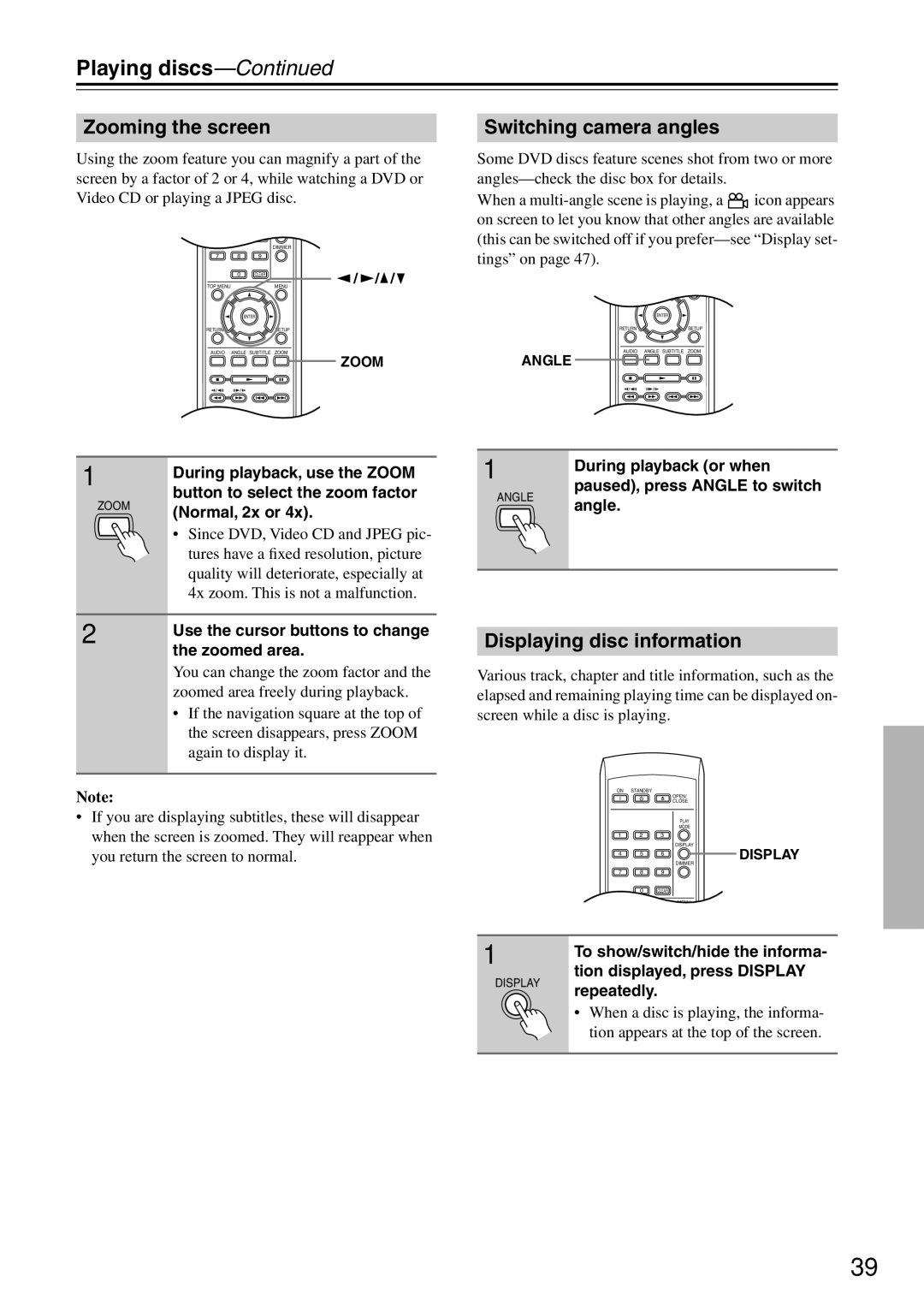 Onkyo DV-SP503E instruction manual Zooming the screen, Switching camera angles, Displaying disc information 