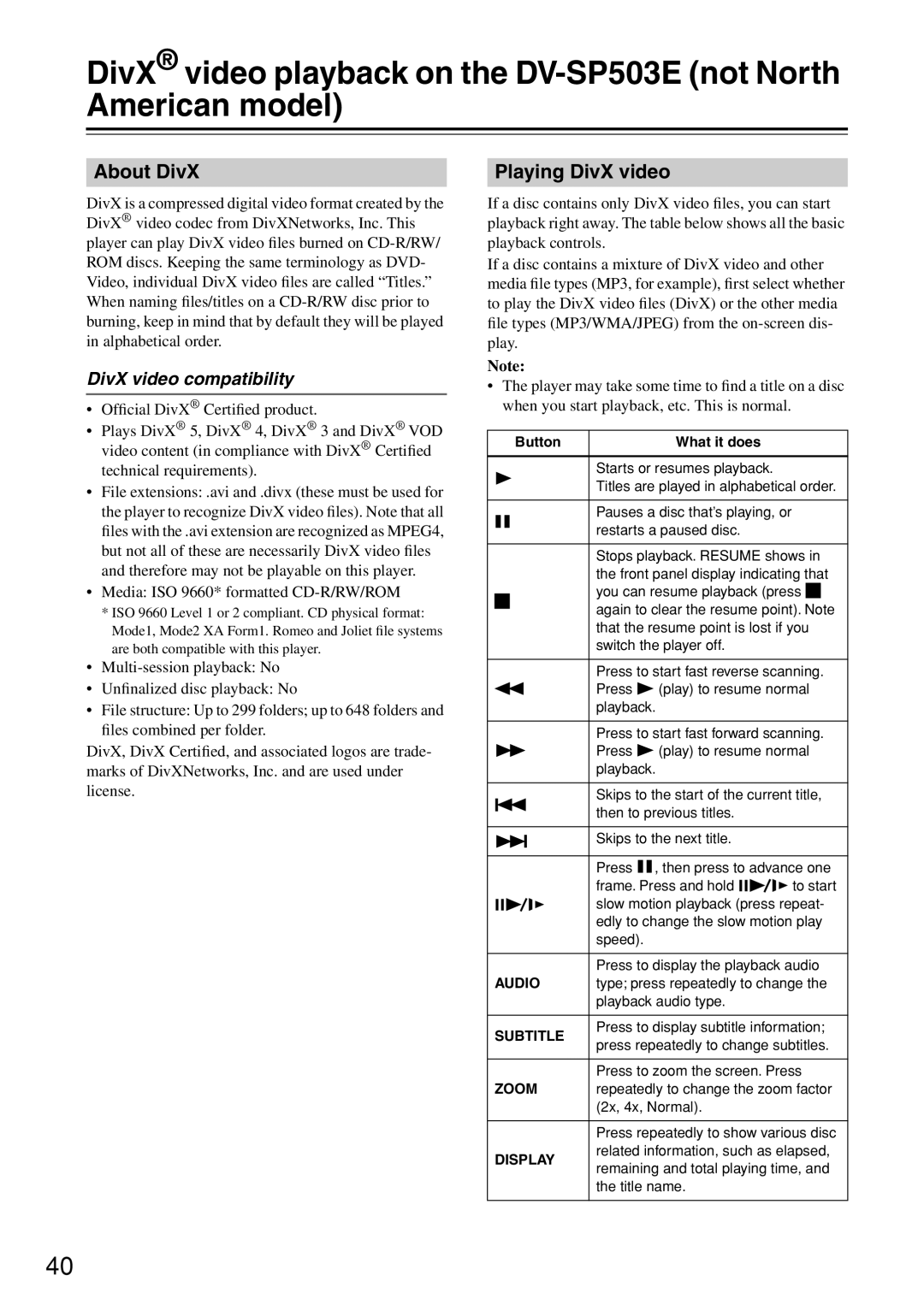 Onkyo DV-SP503E instruction manual About DivX, Playing DivX video, DivX video compatibility 