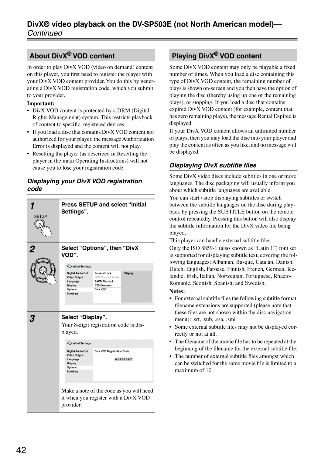 Onkyo DV-SP503E About DivX VOD content, Playing DivX VOD content, Displaying your DivX VOD registration code 