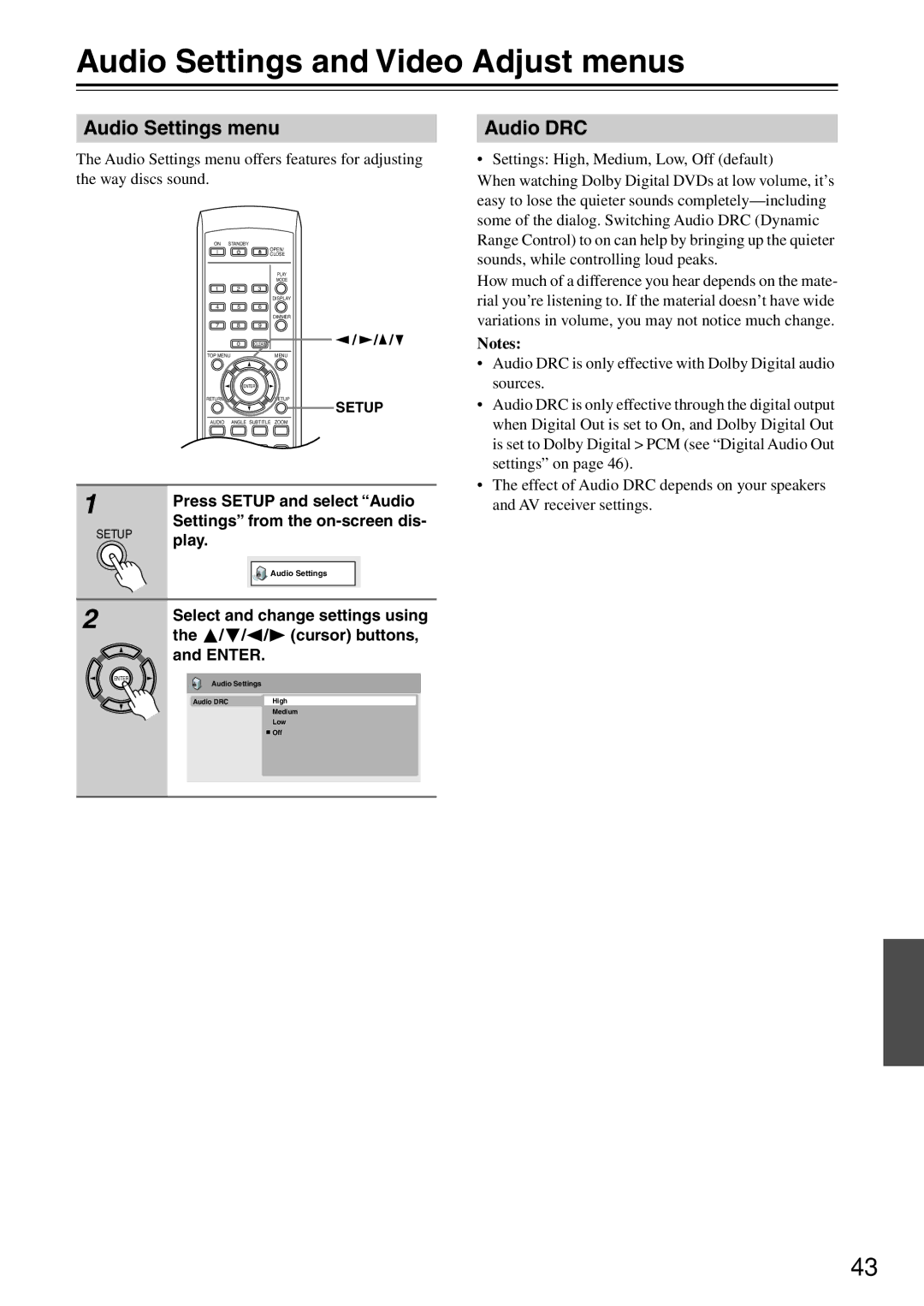 Onkyo DV-SP503E instruction manual Audio Settings and Video Adjust menus, Audio Settings menu, Audio DRC 