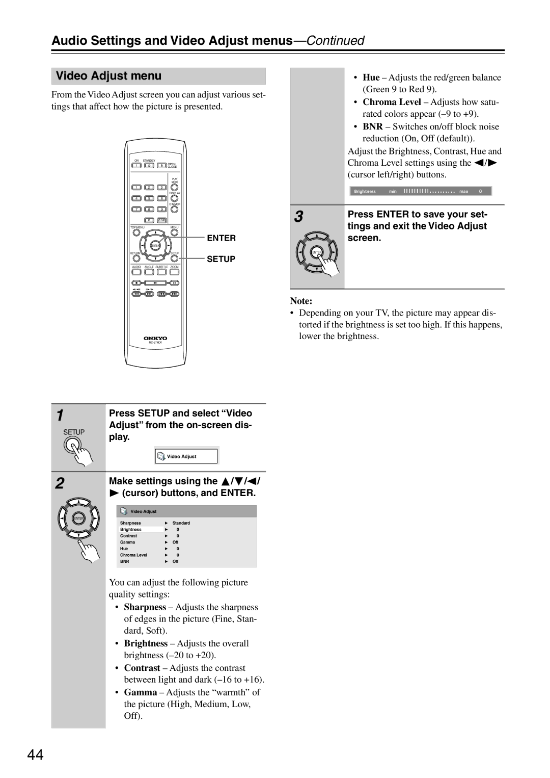 Onkyo DV-SP503E instruction manual Audio Settings and Video Adjust menus 