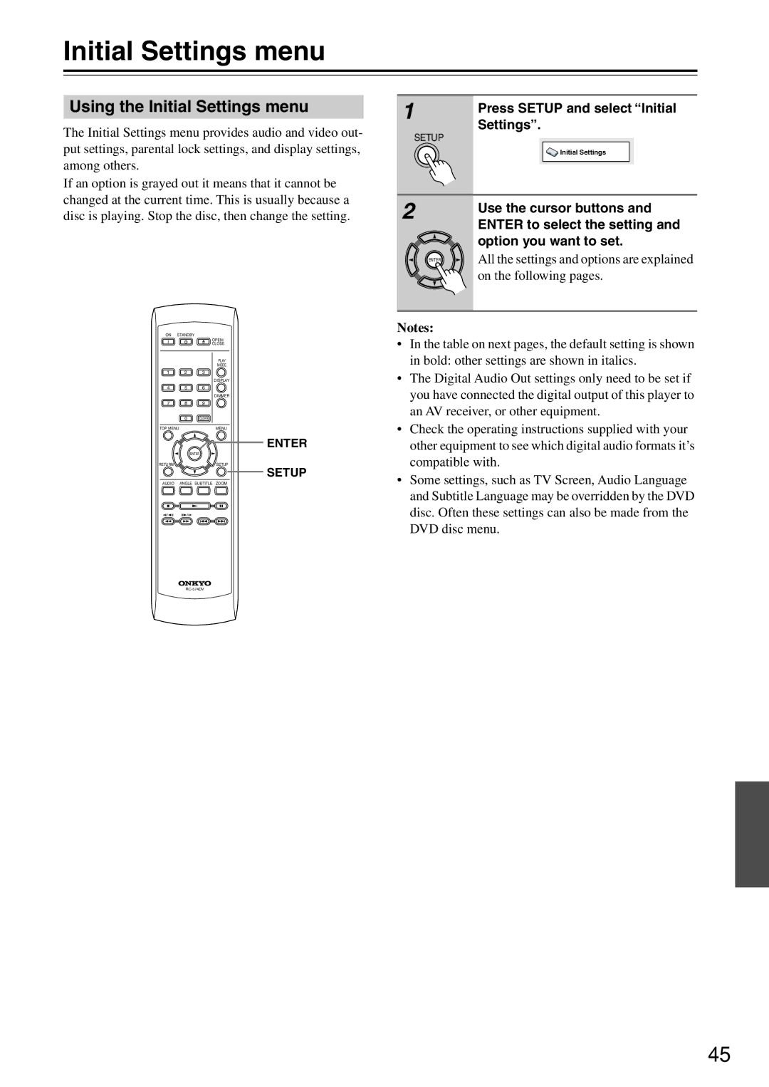 Onkyo DV-SP503E instruction manual Using the Initial Settings menu, Enter to select the setting, Option you want to set 