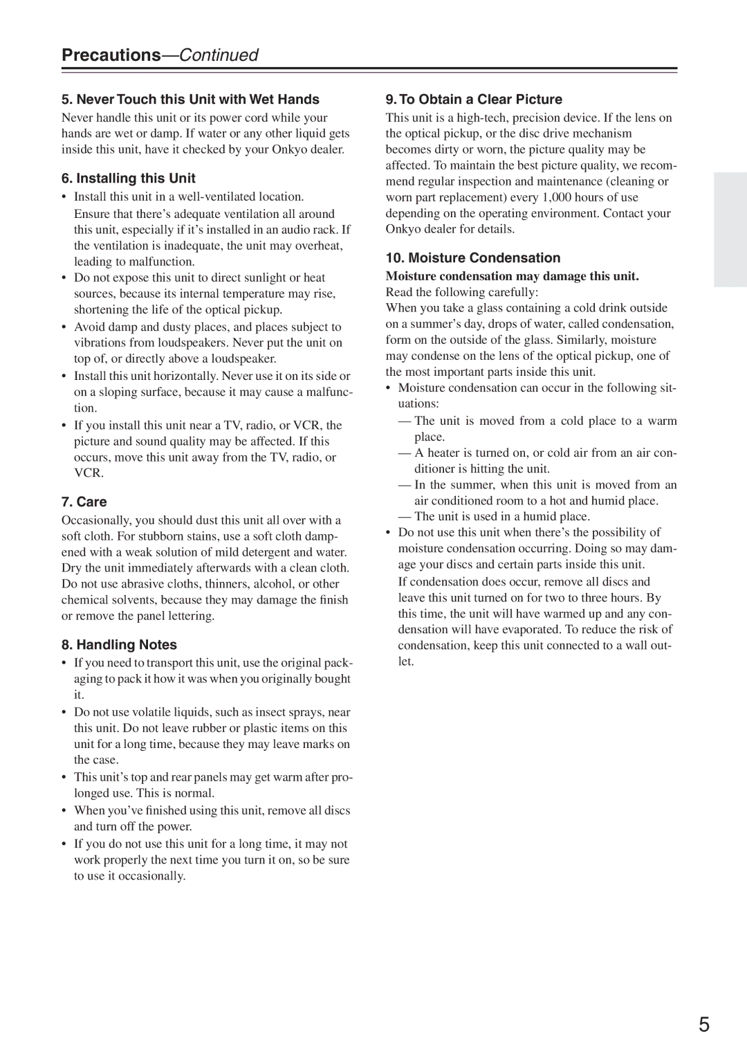 Onkyo DV-SP503E instruction manual Never Touch this Unit with Wet Hands, Moisture condensation may damage this unit 