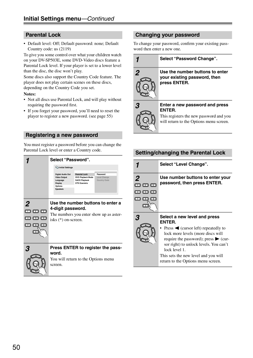 Onkyo DV-SP503E Registering a new password, Changing your password, Setting/changing the Parental Lock 