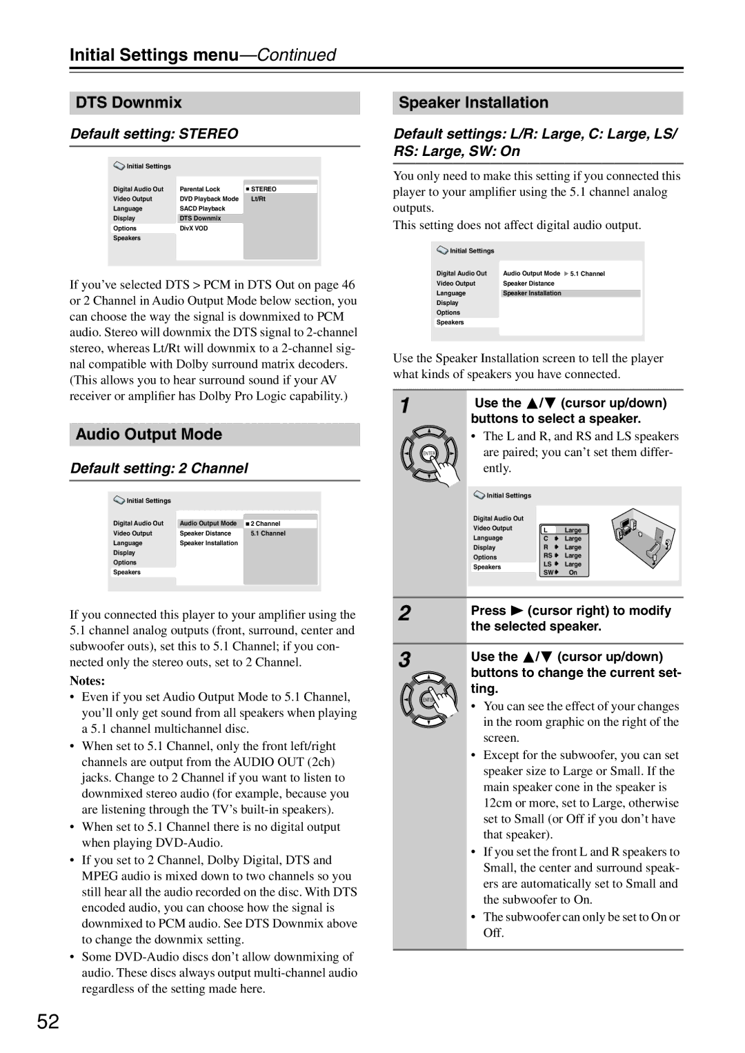 Onkyo DV-SP503E instruction manual DTS Downmix, Audio Output Mode, Speaker Installation 