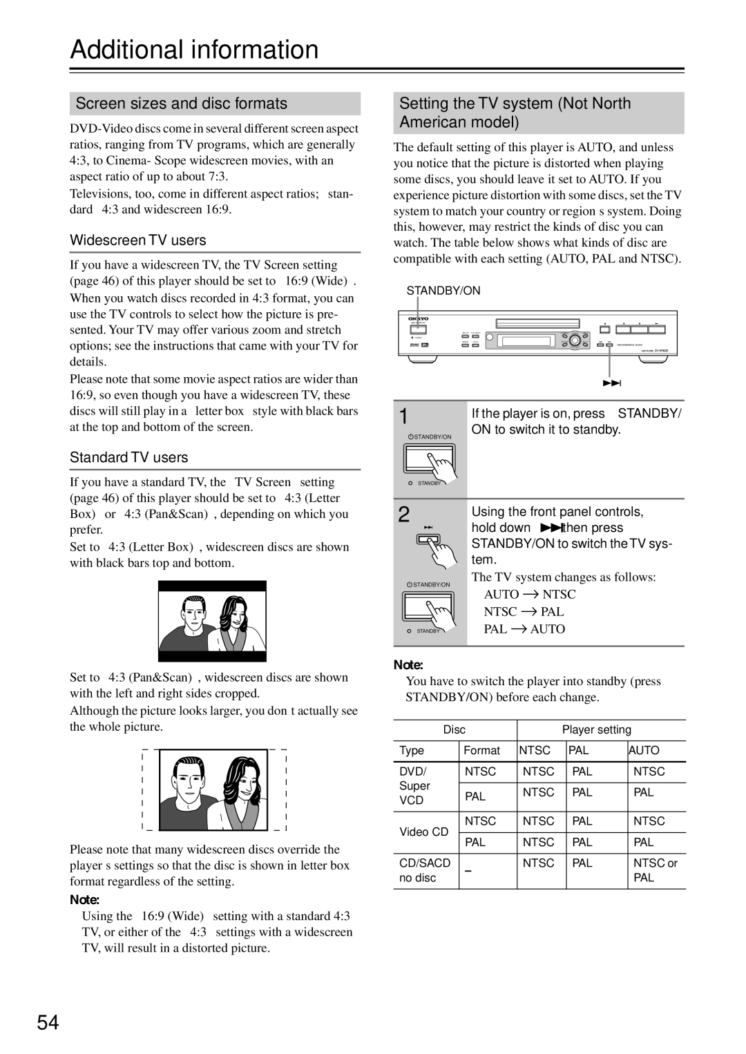 Onkyo DV-SP503E Additional information, Screen sizes and disc formats, Setting the TV system Not North American model 