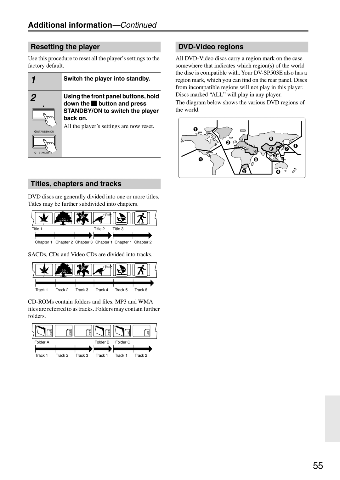 Onkyo DV-SP503E Additional information, Resetting the player, Titles, chapters and tracks, DVD-Video regions 