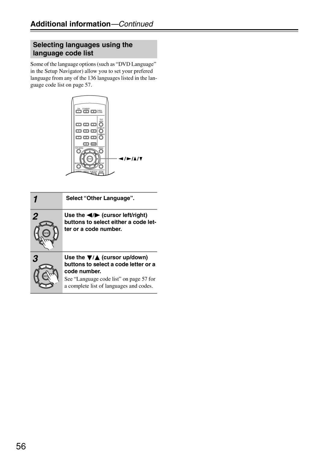 Onkyo DV-SP503E instruction manual Selecting languages using the language code list, Select Other Language 