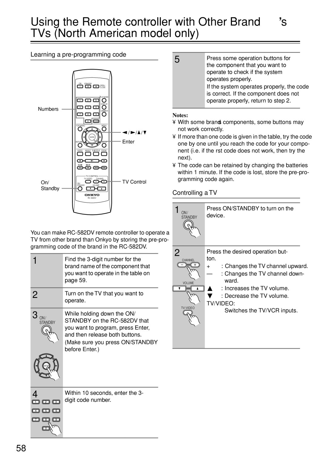 Onkyo DV-SP503E instruction manual Learning a pre-programming code, Controlling a TV 