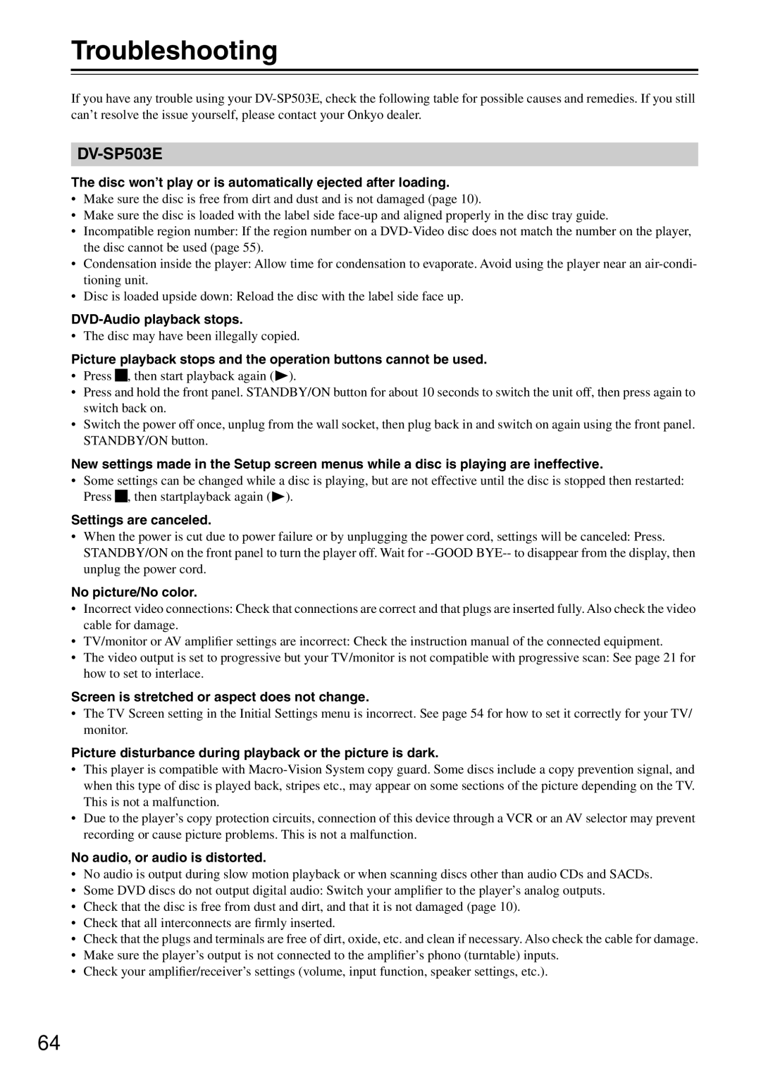 Onkyo DV-SP503E instruction manual Troubleshooting 