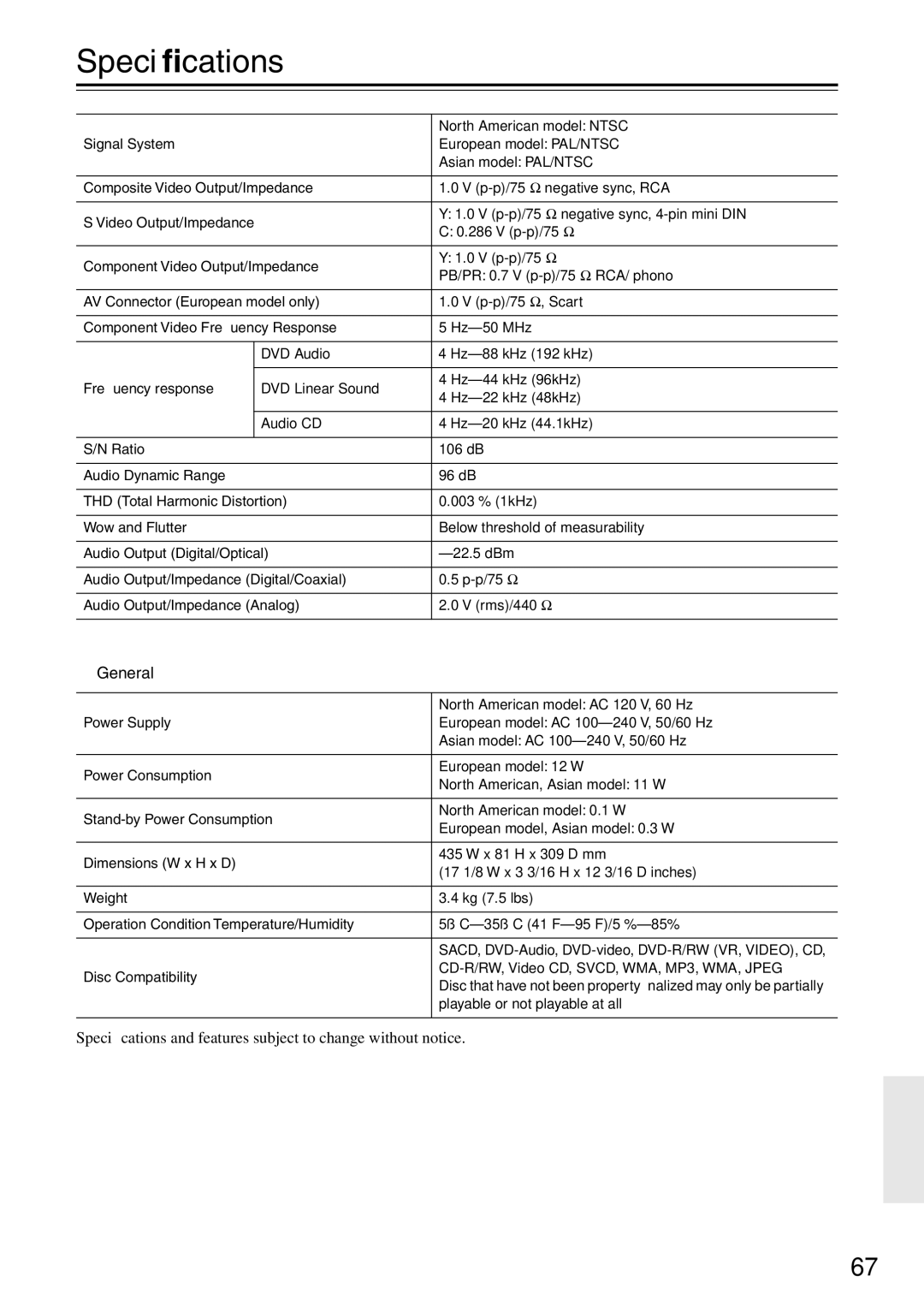 Onkyo DV-SP503E instruction manual Speciﬁcations, General 