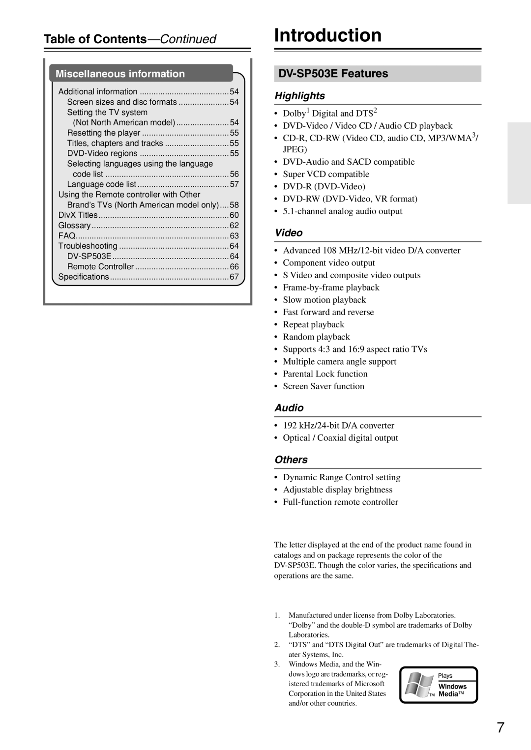 Onkyo instruction manual Introduction, Table of Contents, DV-SP503E Features 