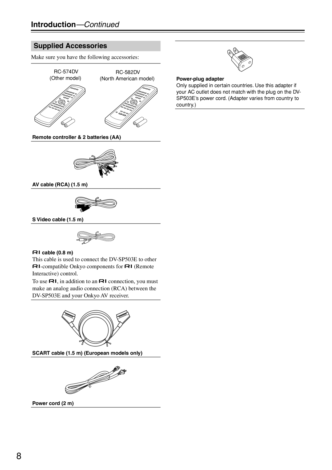 Onkyo DV-SP503E instruction manual Introduction, Supplied Accessories 