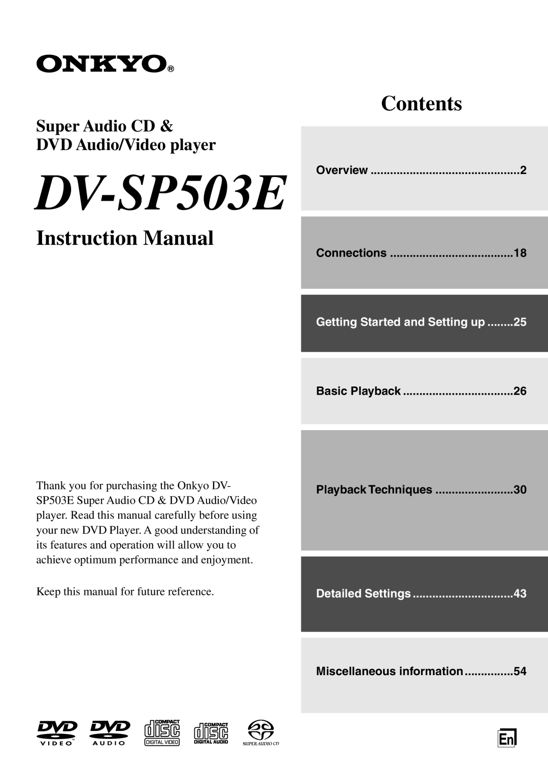 Onkyo instruction manual DV-SP503E Overview, Connections, Basic Playback, Contents, Instruction Manual, Super Audio CD 