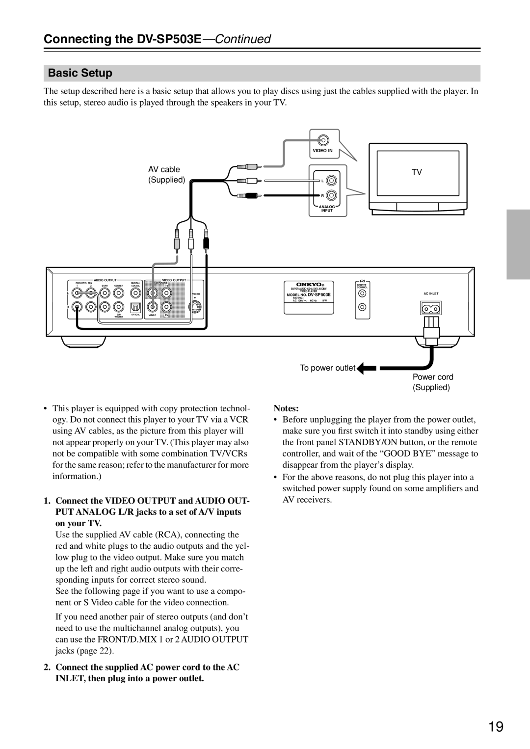 Onkyo instruction manual Connecting the DV-SP503E-Continued, Basic Setup 