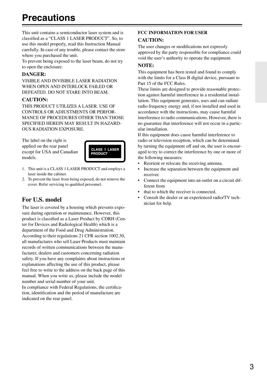 Onkyo DV-SP503E instruction manual Precautions, For U.S. model, Danger, Fcc Information For User 