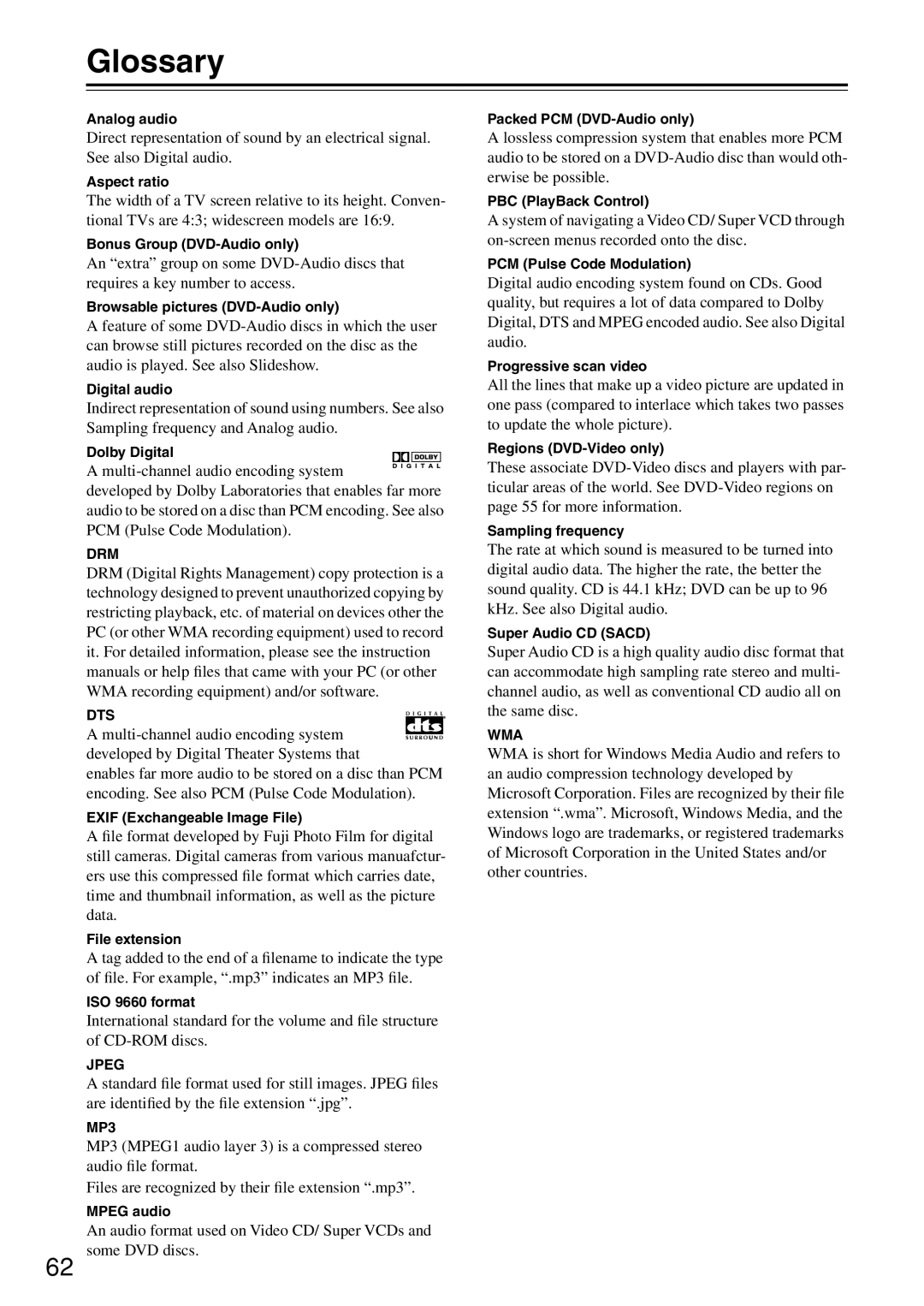 Onkyo DV-SP503E instruction manual Glossary 