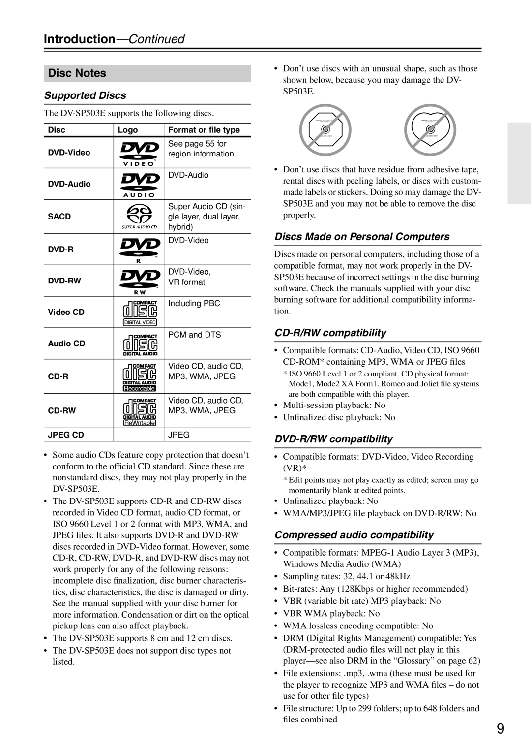 Onkyo DV-SP503E instruction manual Disc Notes, Introduction-Continued, Supported Discs, Discs Made on Personal Computers 
