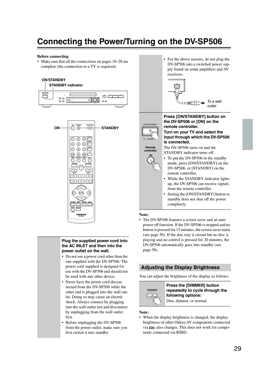 Onkyo instruction manual Connecting the Power/Turning on the DV-SP506, Adjusting the Display Brightness 