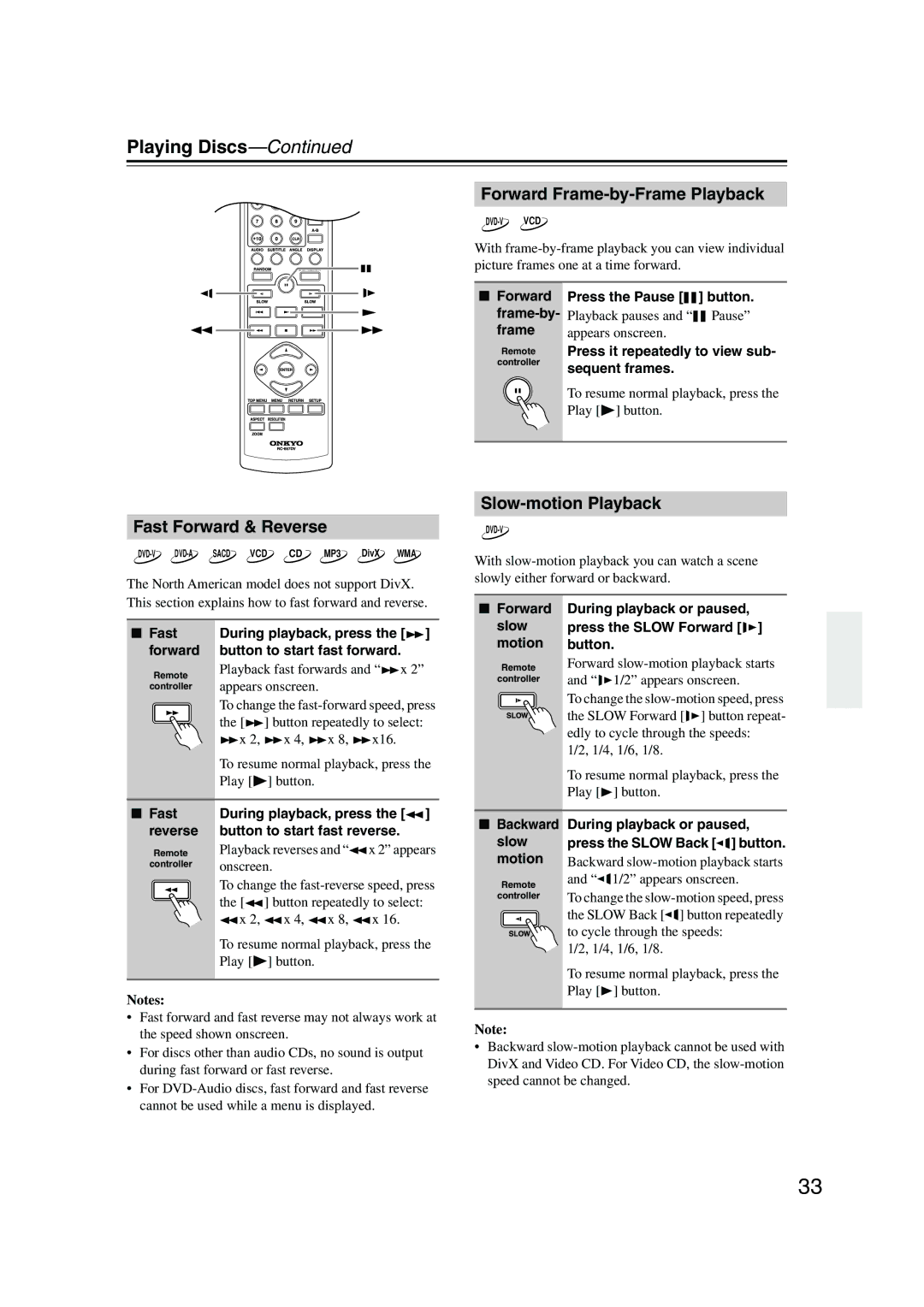 Onkyo DV-SP506 instruction manual Forward Frame-by-Frame Playback, Fast Forward & Reverse, Slow-motion Playback 