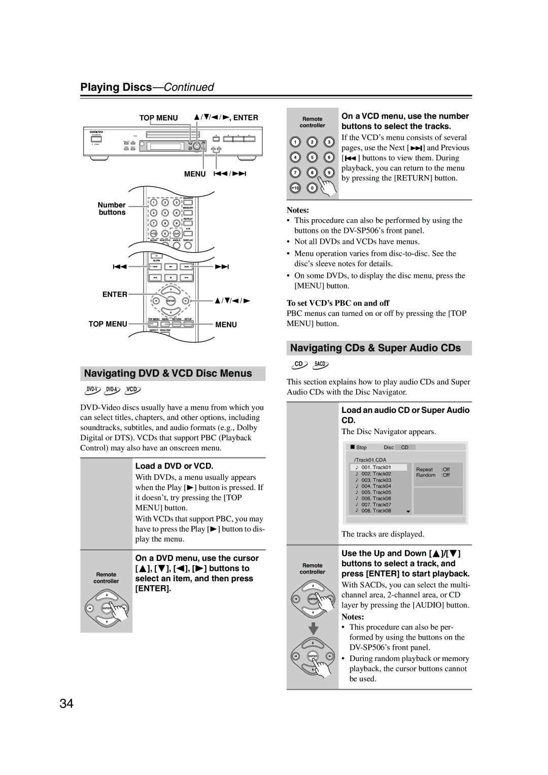 Onkyo DV-SP506 instruction manual Navigating DVD & VCD Disc Menus, Navigating CDs & Super Audio CDs 