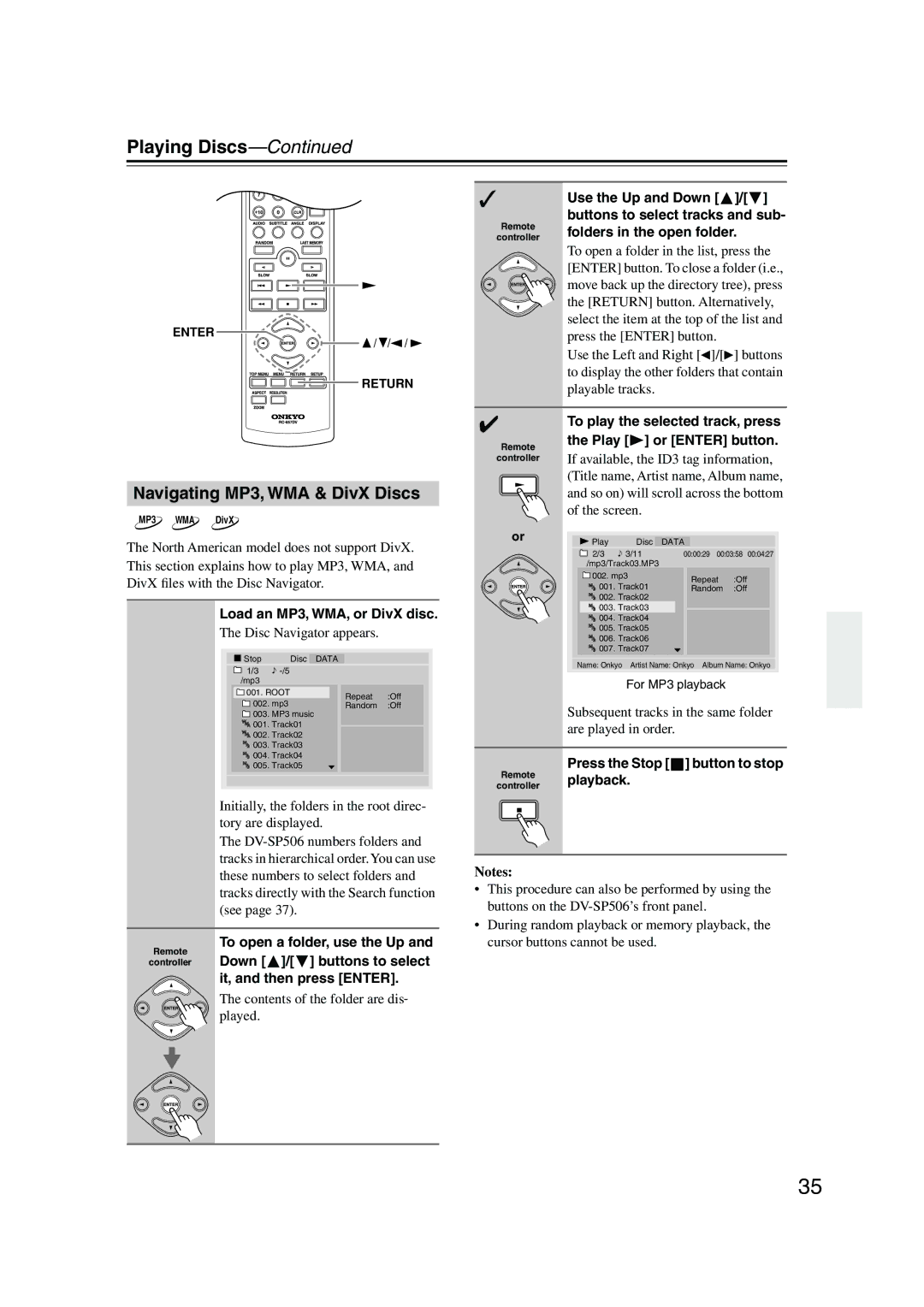 Onkyo DV-SP506 instruction manual Navigating MP3, WMA & DivX Discs 