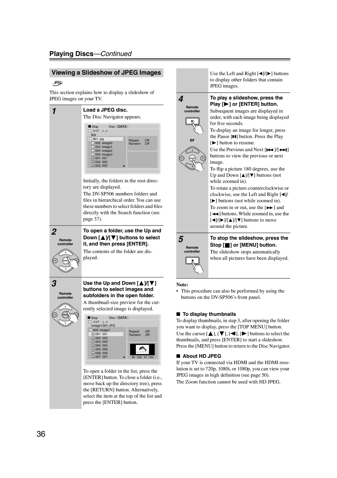 Onkyo DV-SP506 instruction manual Viewing a Slideshow of Jpeg Images 