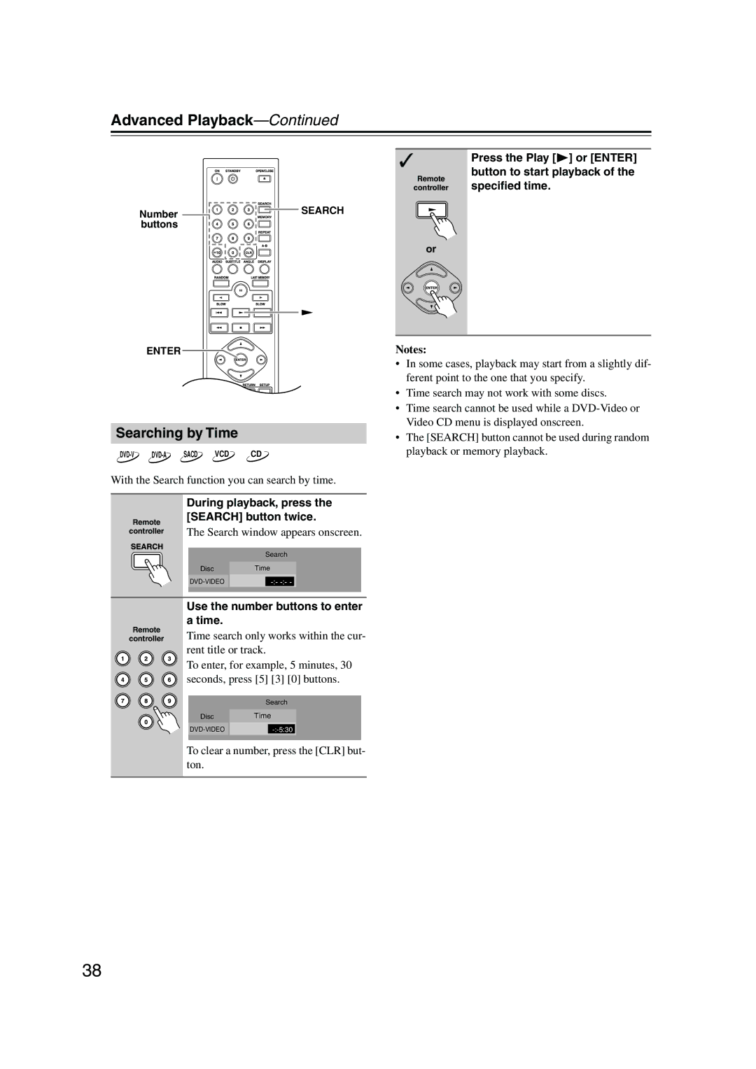 Onkyo DV-SP506 instruction manual Advanced Playback, Searching by Time, Speciﬁed time 