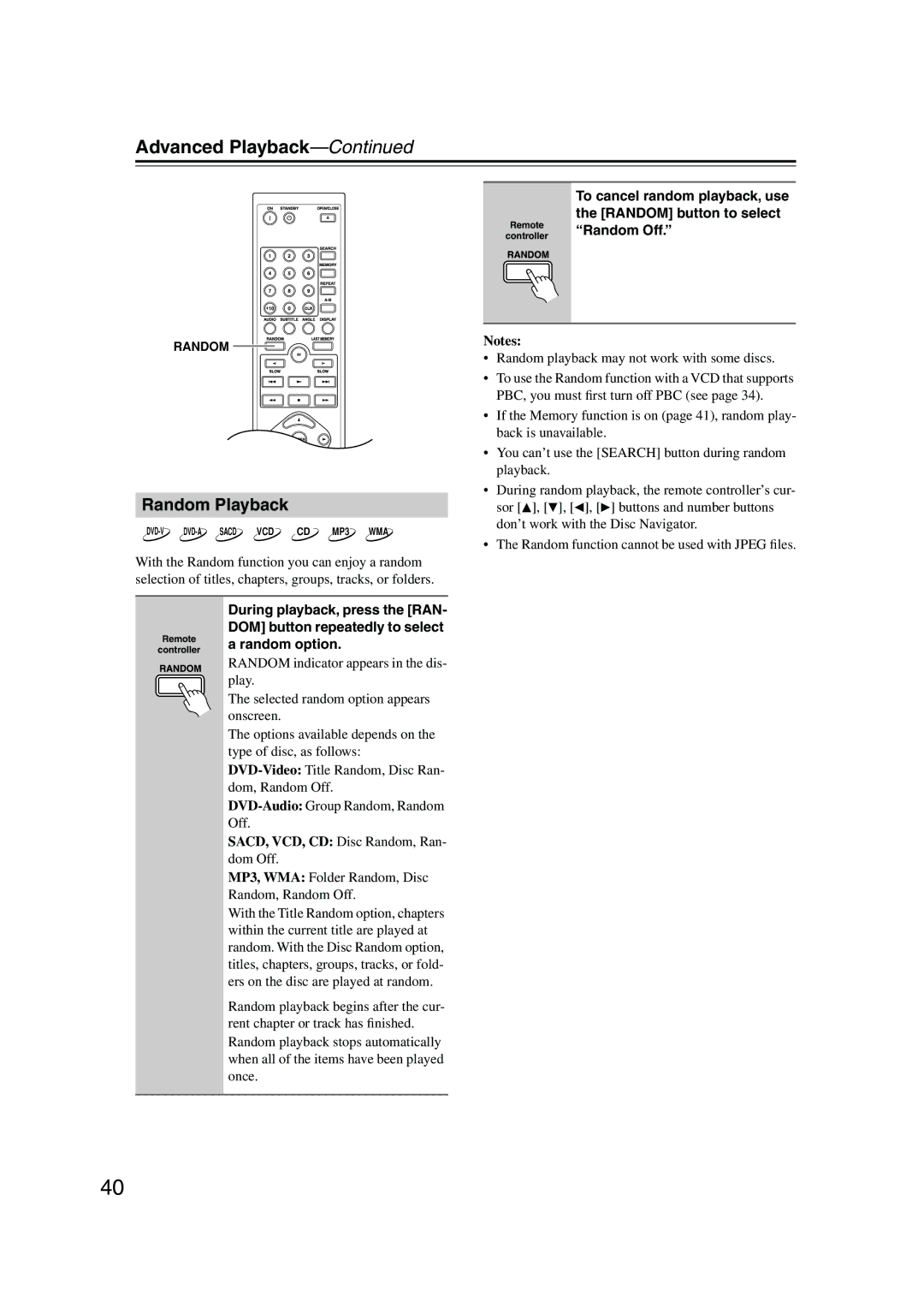 Onkyo DV-SP506 instruction manual Random Playback, To cancel random playback, use, Random button to select, Random Off 