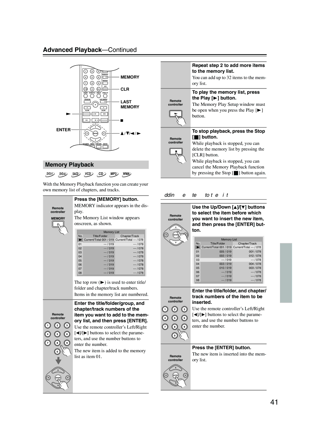 Onkyo DV-SP506 instruction manual Memory Playback, Adding New Items to the List 