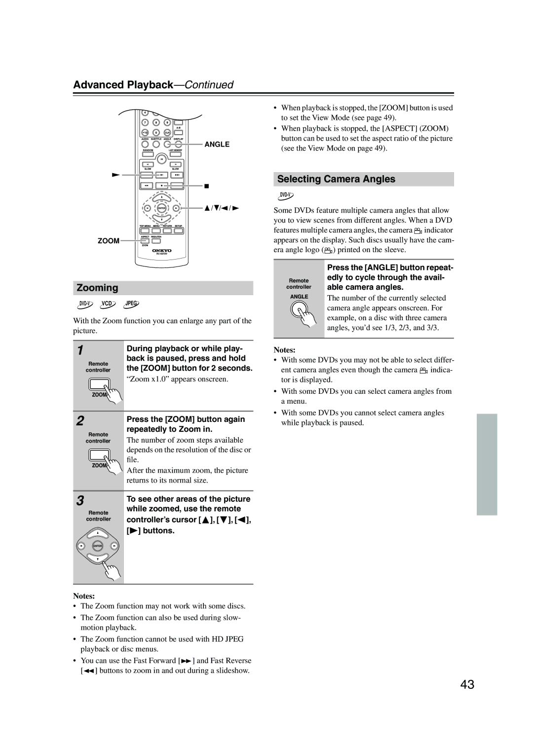 Onkyo DV-SP506 instruction manual Zooming, Selecting Camera Angles 