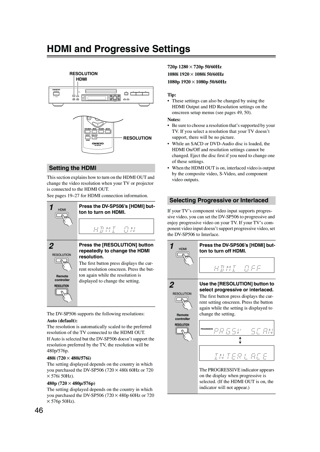 Onkyo DV-SP506 Hdmi and Progressive Settings, Setting the Hdmi, Selecting Progressive or Interlaced, Ton to turn on Hdmi 