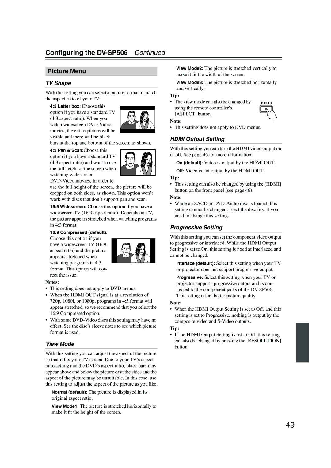 Onkyo DV-SP506 instruction manual Picture Menu, TV Shape, View Mode, Hdmi Output Setting, Progressive Setting 