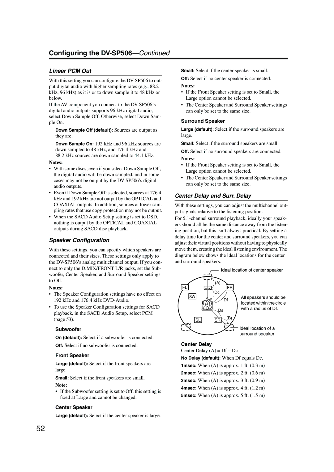 Onkyo DV-SP506 instruction manual Linear PCM Out, Speaker Conﬁguration, Center Delay and Surr. Delay 