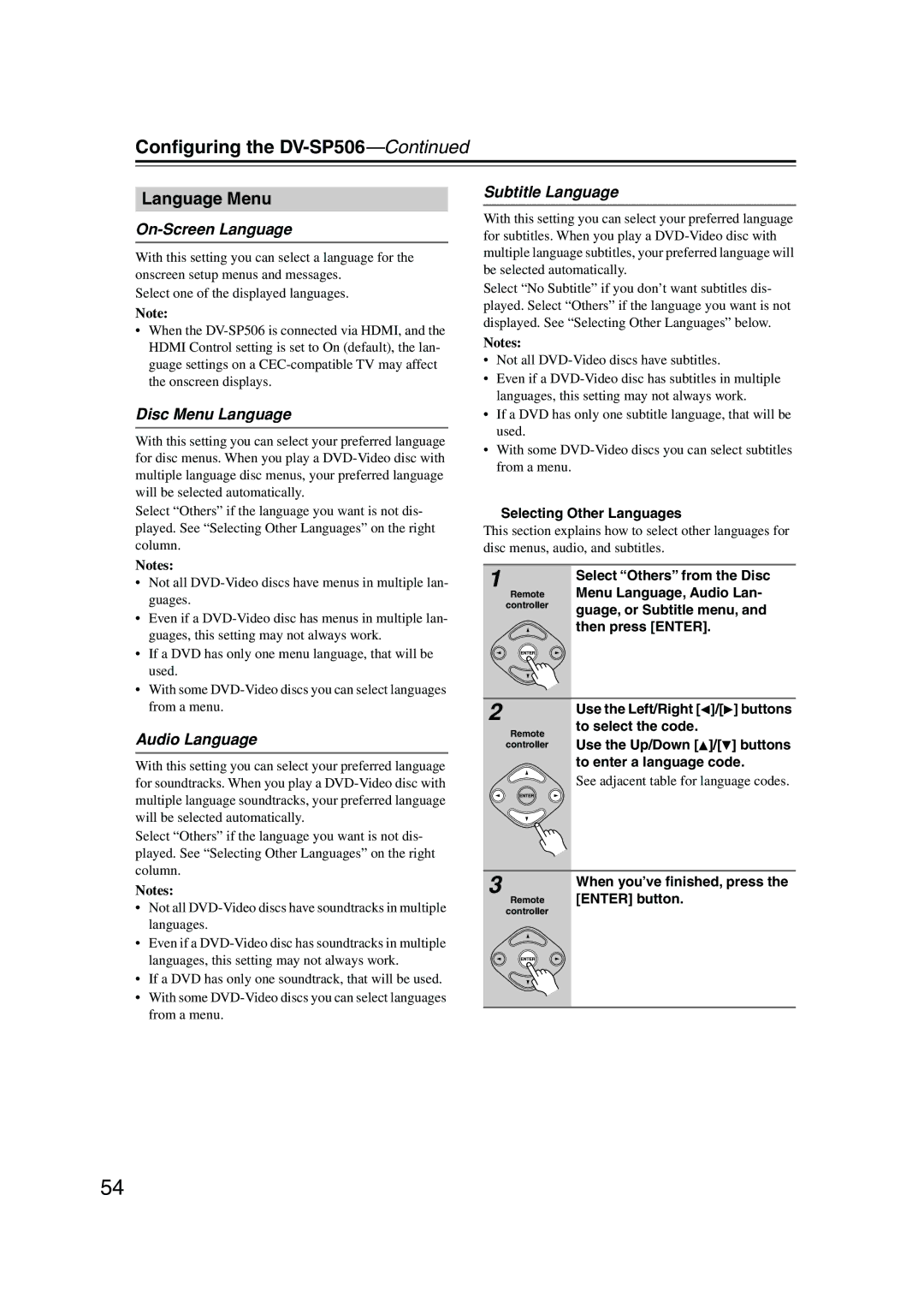 Onkyo DV-SP506 instruction manual Language Menu, On-Screen Language, Disc Menu Language, Audio Language, Subtitle Language 