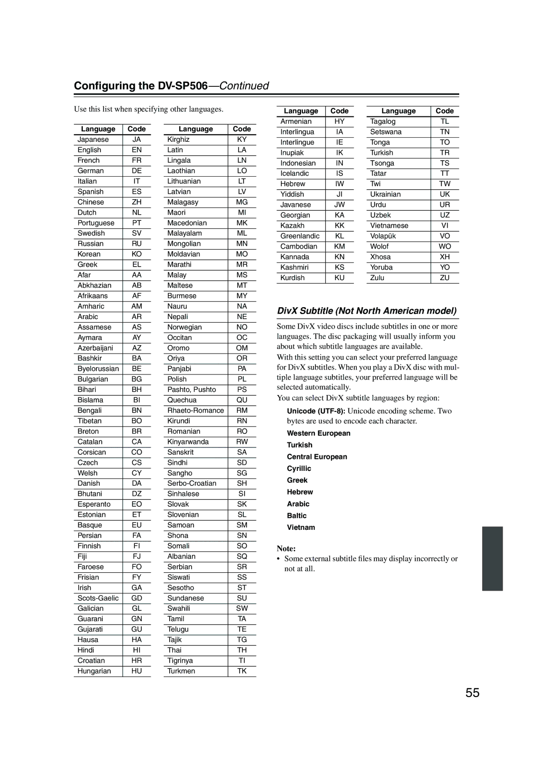 Onkyo DV-SP506 instruction manual DivX Subtitle Not North American model, Use this list when specifying other languages 